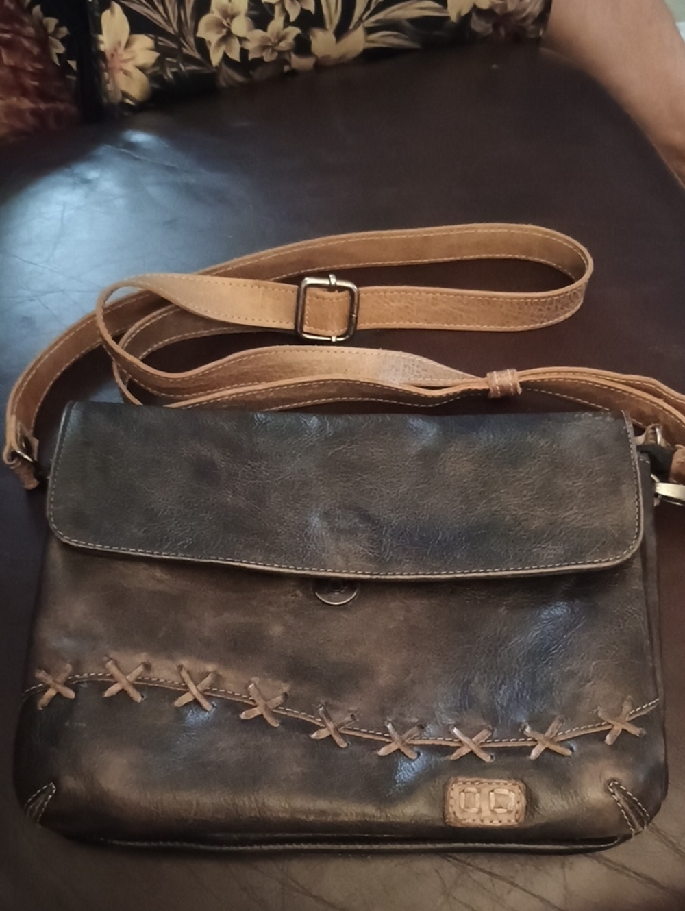 Men's Dark Brown Leather Crossbody Bag with Tan Strap